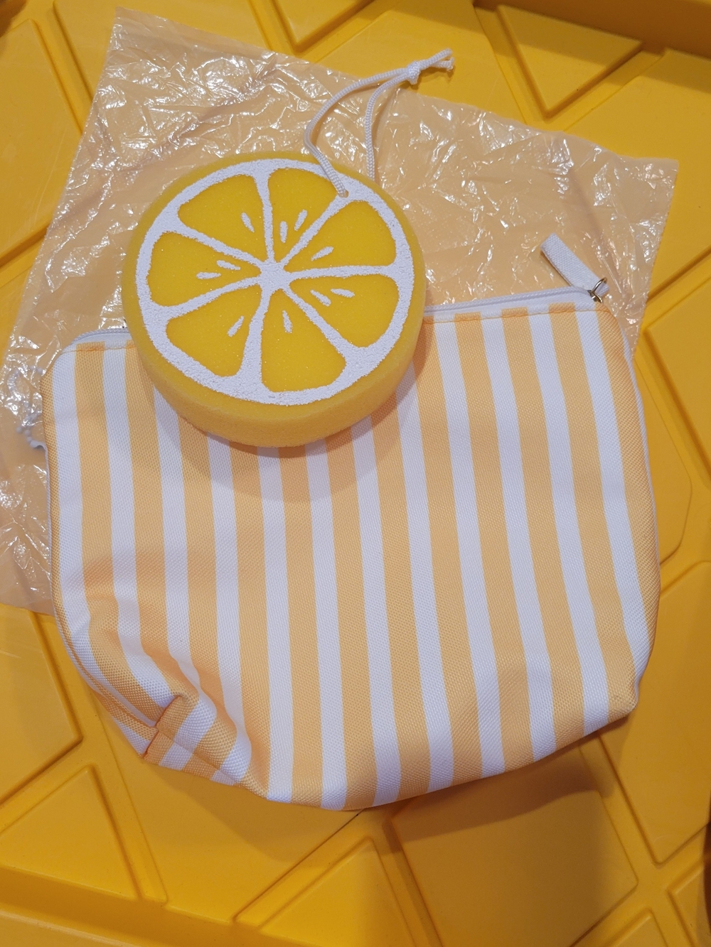 Yellow Striped Cosmetic Pouch with Lemon Bath Sponge - Women Bath & Body